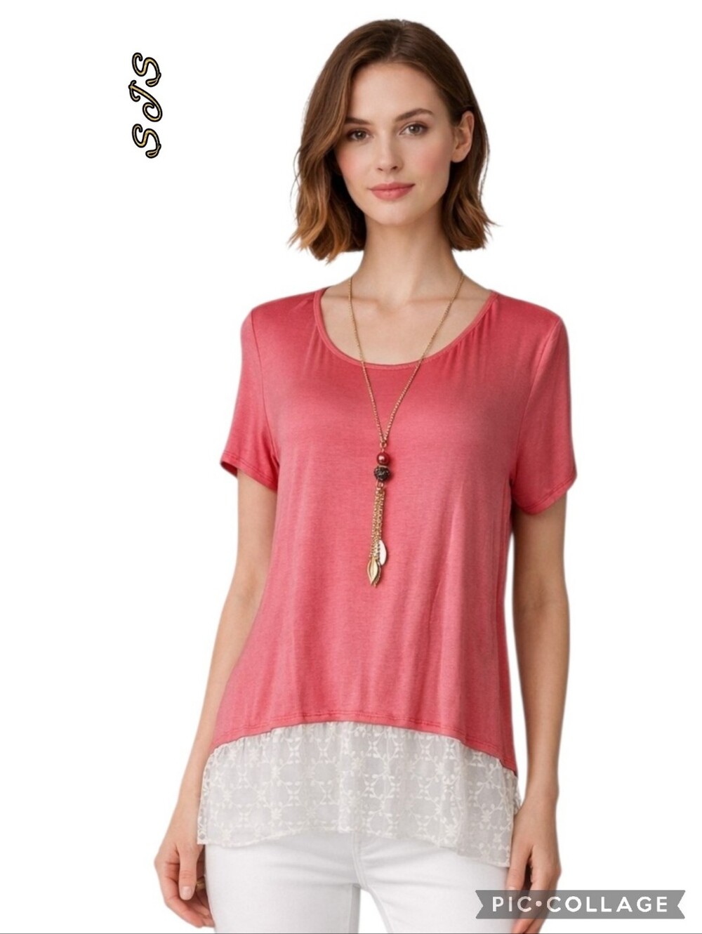 SJS blouse top coral & white lace trim necklace included sz 1x nwts